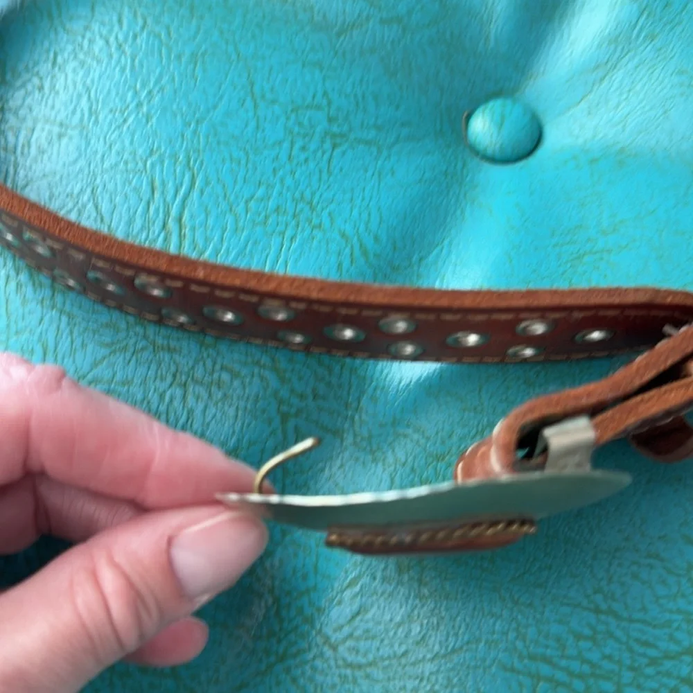 Chicos brown leather studded belt with hammered silver tone heart buckle M/L